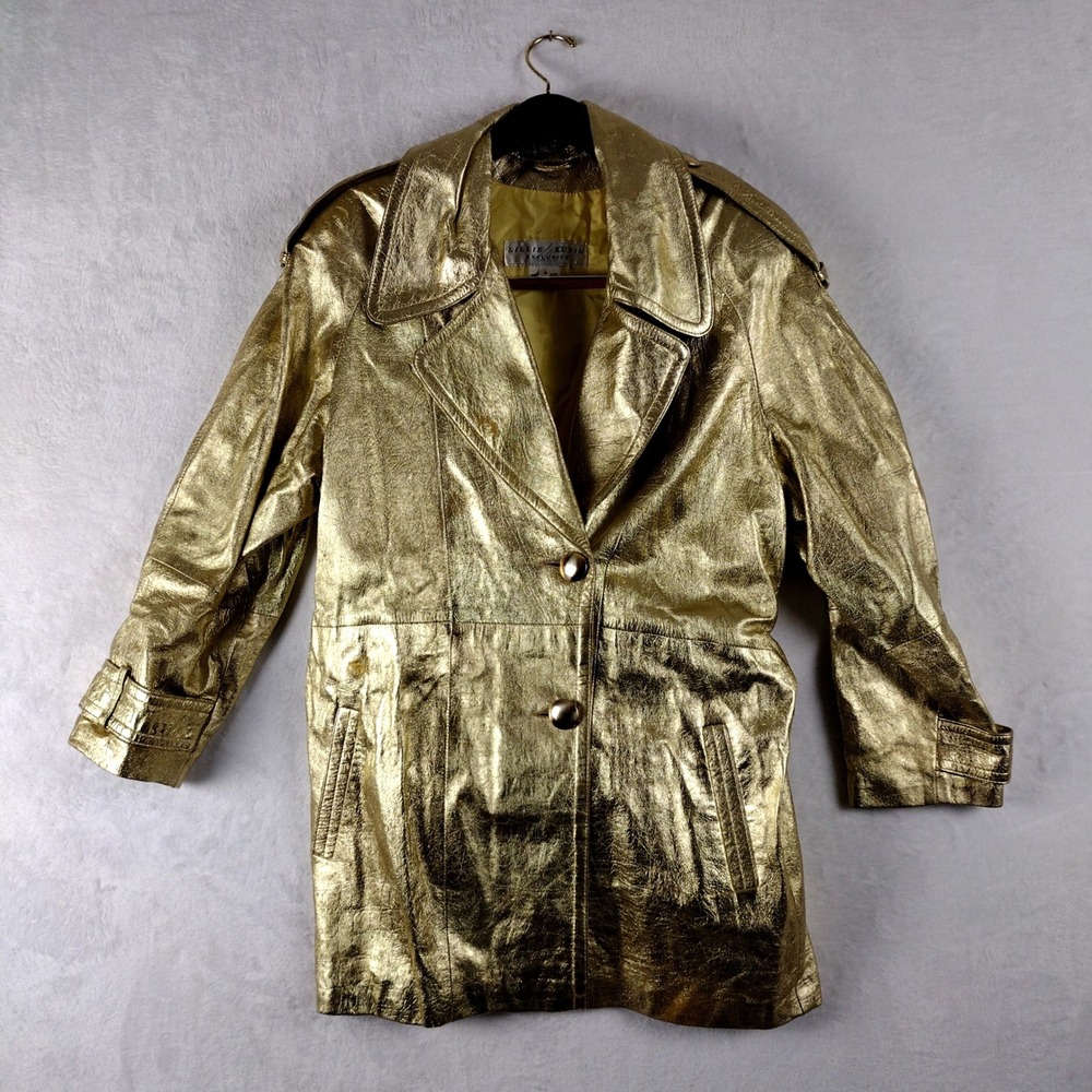 Lillie Rubin Exclusive Vintage Gold Metallic Leather Trench Coat Jacket 6 Israel